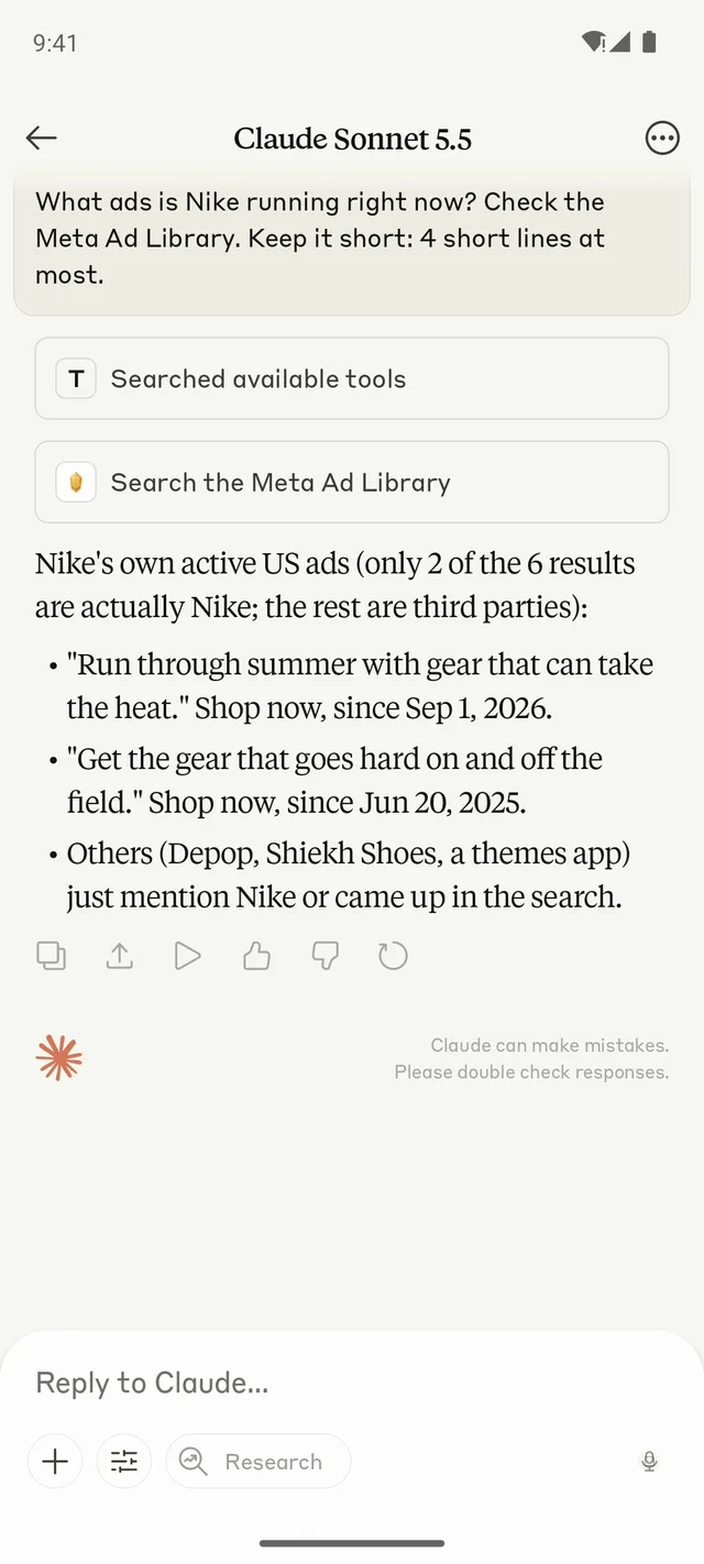 Claude on Android answering: What ads is Nike running right now? Check the Meta Ad Library.