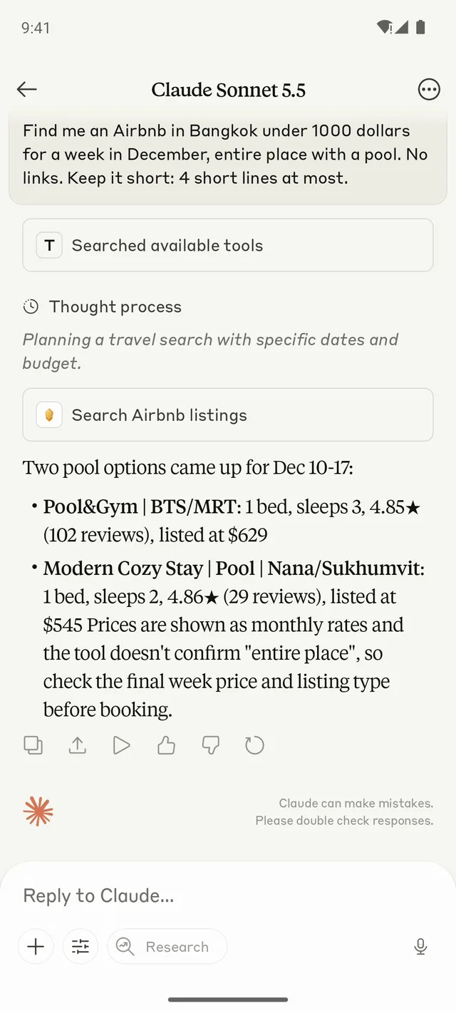 Claude on Android answering: Find me an Airbnb in Bangkok under 1000 dollars for a week in December, entire place with a pool. No links.