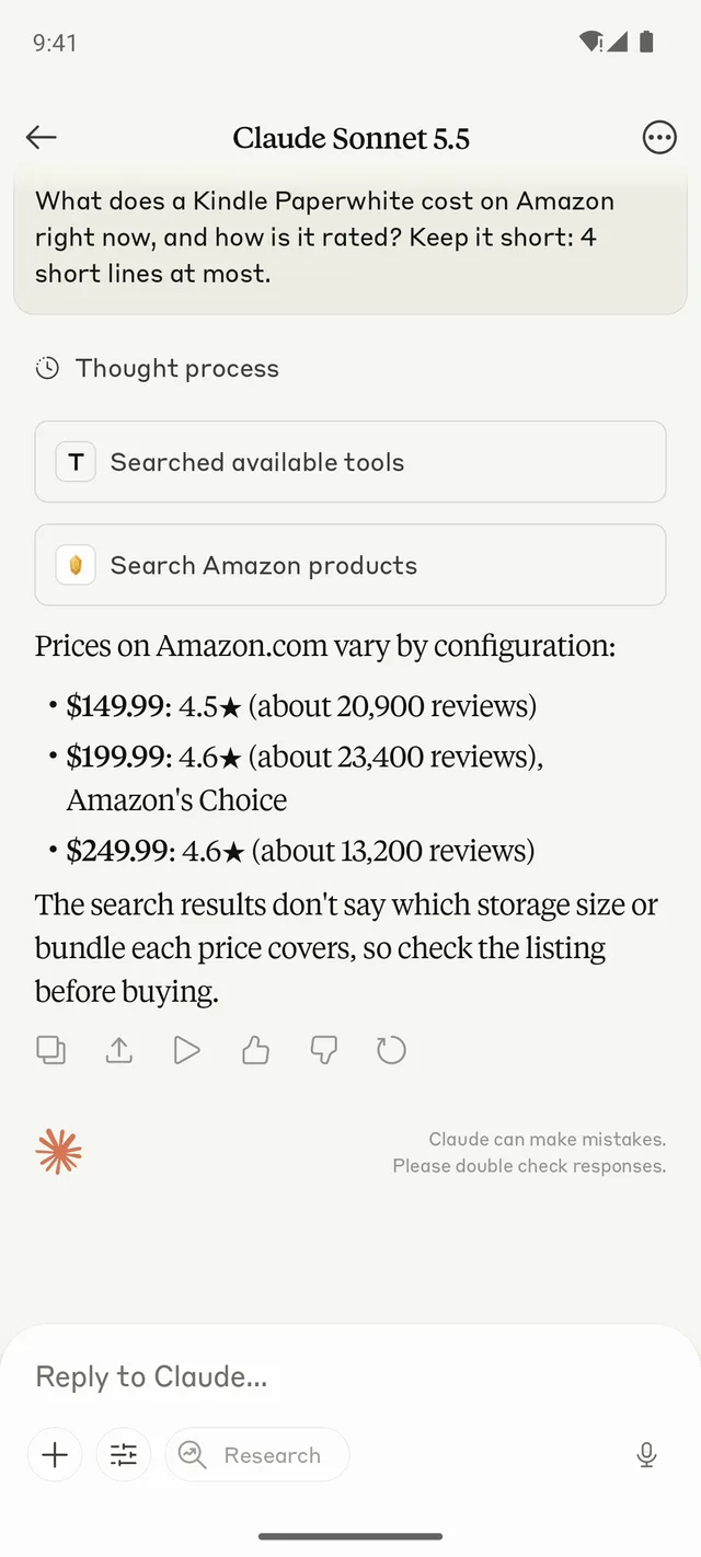 Claude on Android answering: What does a Kindle Paperwhite cost on Amazon right now, and how is it rated?