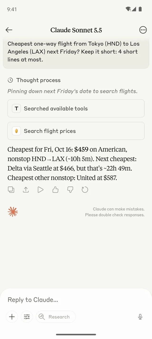 Claude on Android answering: Cheapest one-way flight from Tokyo (HND) to Los Angeles (LAX) next Friday?
