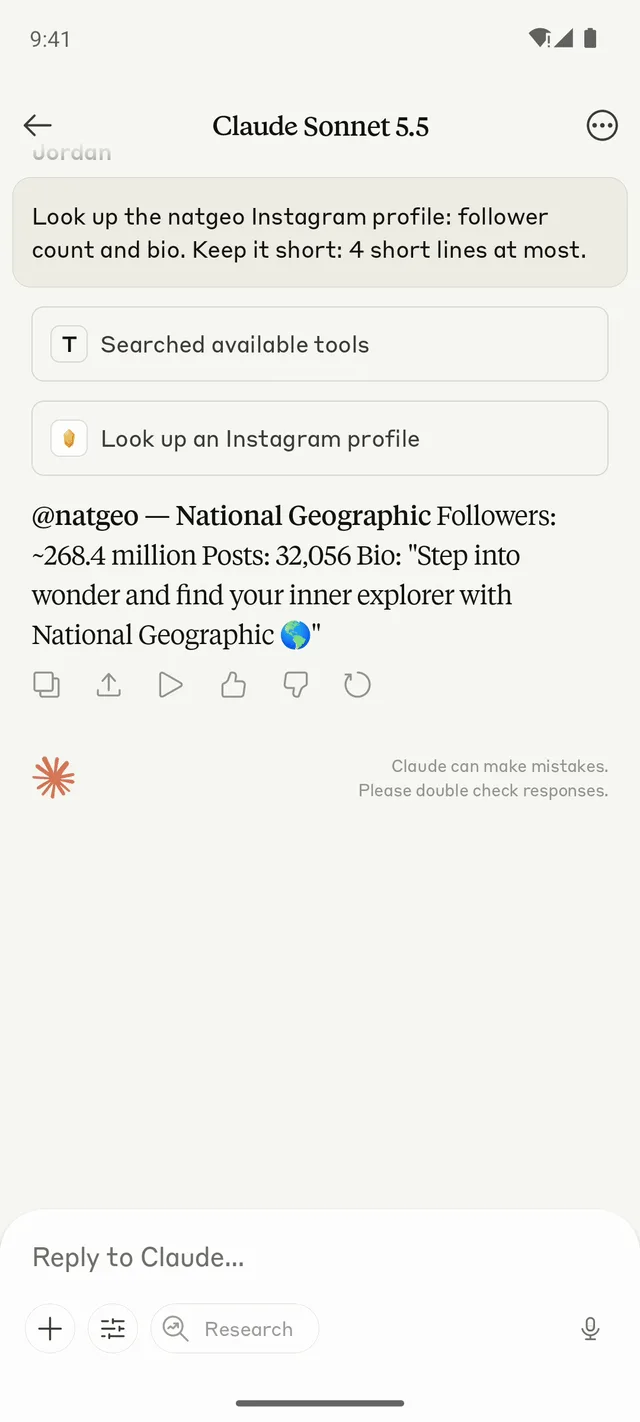 Claude on Android answering: Look up the natgeo Instagram profile: follower count and bio.