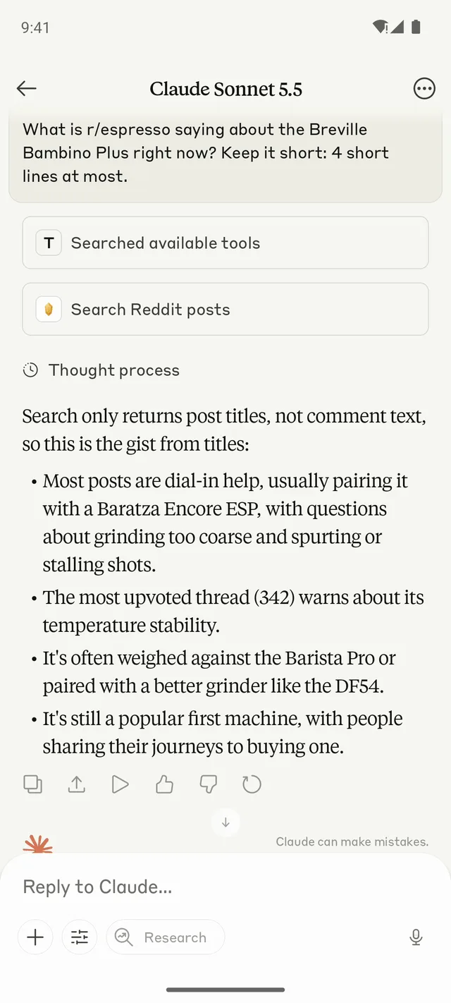 Claude on Android answering: What is r/espresso saying about the Breville Bambino Plus right now?