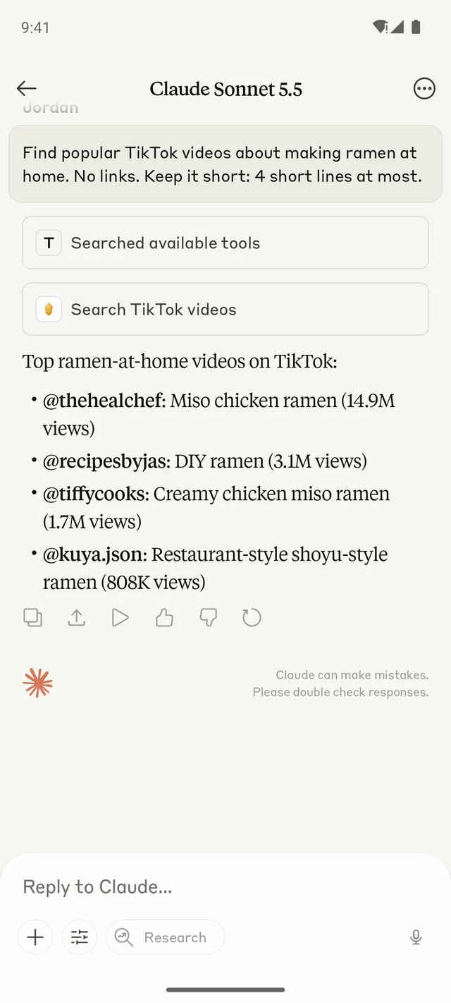 Claude on Android answering: Find popular TikTok videos about making ramen at home. No links.