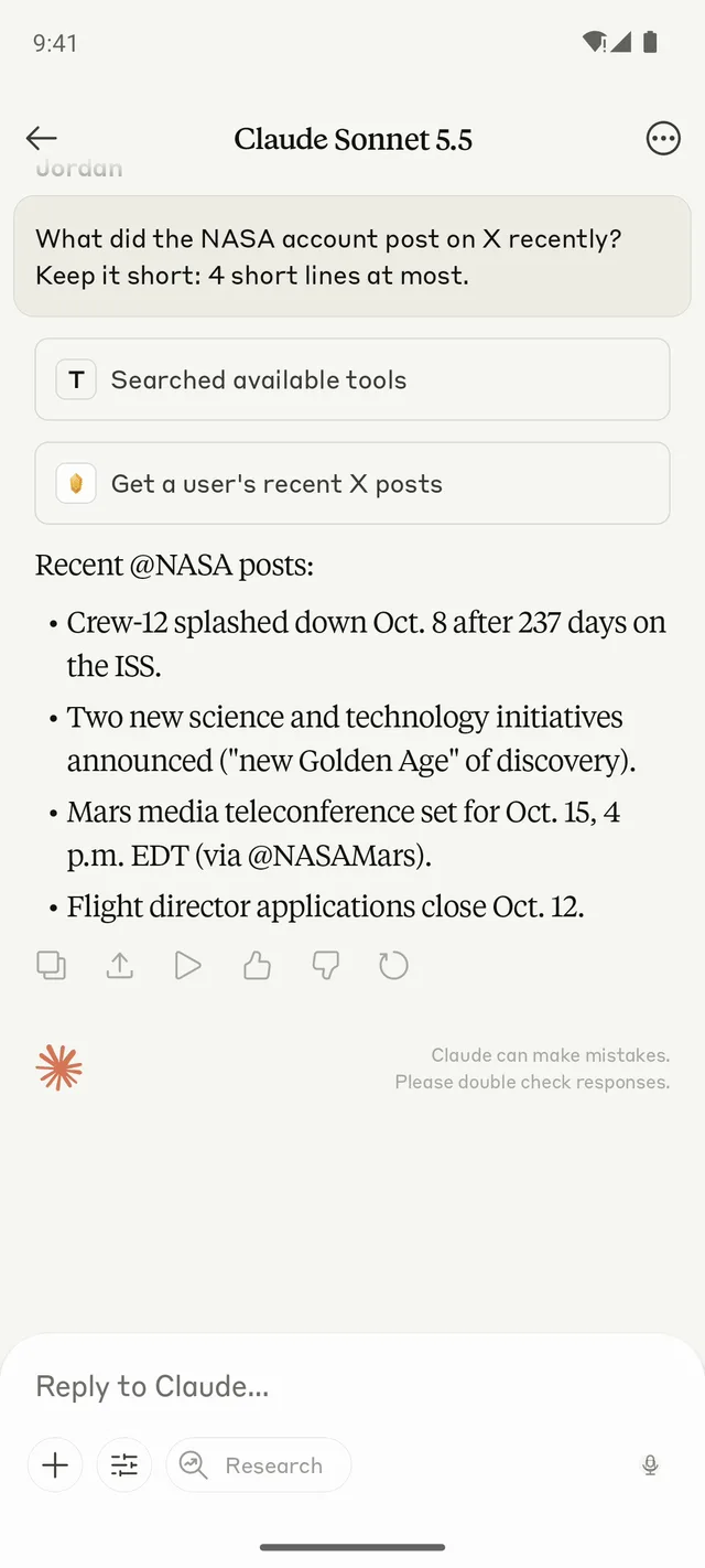 Claude on Android answering: What did the NASA account post on X recently?
