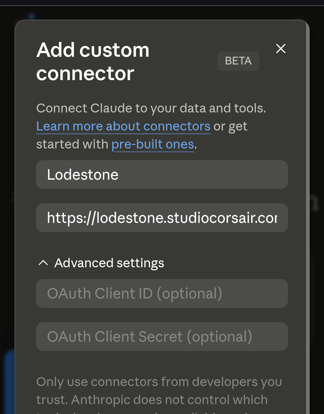 The real Add custom connector dialog in Claude, with the Lodestone name, link and your key