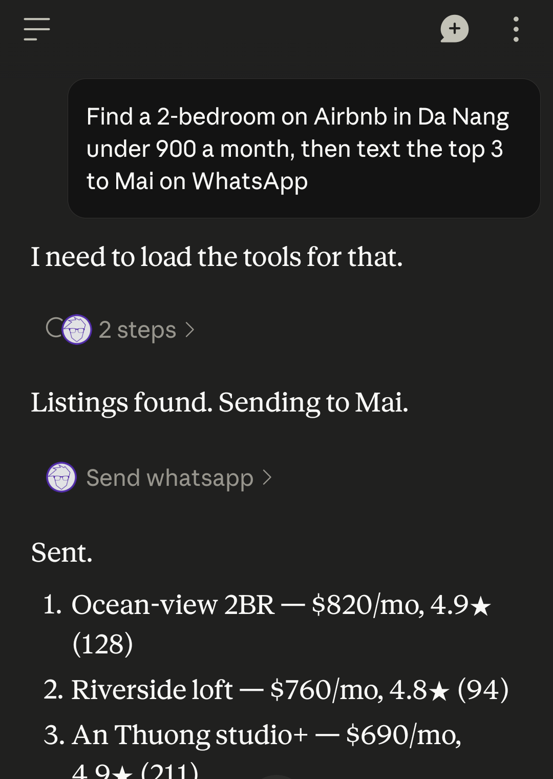 A real Claude conversation: it searched live Airbnb listings and messaged Mai on WhatsApp